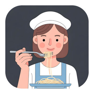 Woman wearing chef hat and apron eating spaghetti with a fork, enjoying a delicious meal at home or restaurant, simple flat illustration.
