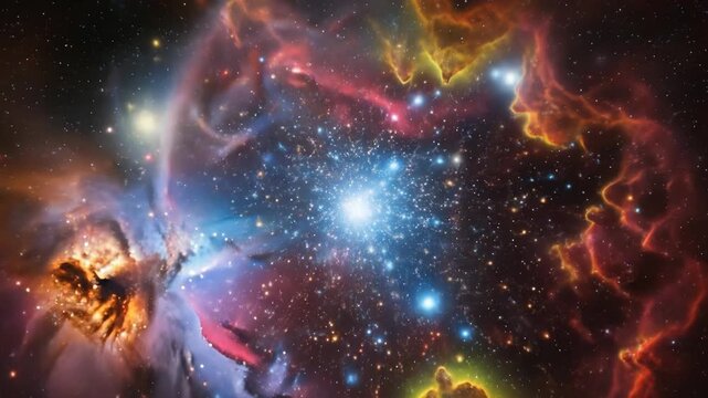 A vibrant, colorful nebula with various celestial objects and stars in space