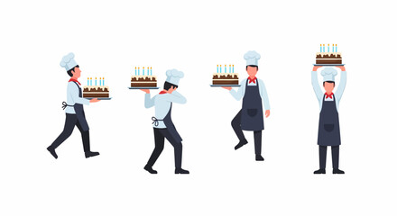 Fototapeta premium Four cartoon illustrations of a male chef in various poses carrying a birthday cake with lit candles on a white background.
