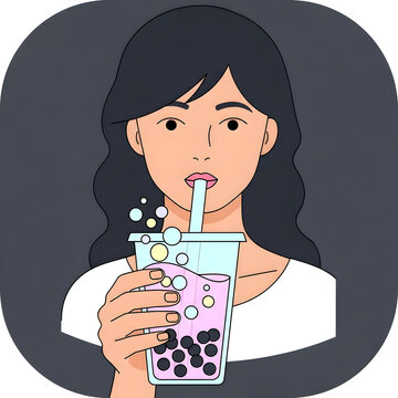 Young woman enjoying a refreshing bubble tea with tapioca pearls and straw, stylized illustration, vibrant colors, dark background, concept of beverage, refreshment, and lifestyle.