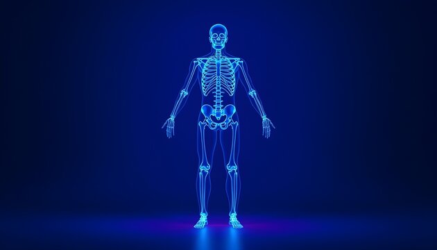 A glowing blue skeleton stands in a dark room with a purple light shining on the floor.