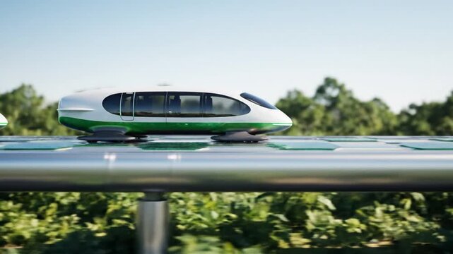 Advanced Zero-Footprint Infrastructure and Frictionless Eco-Mobility, Futuristic Maglev Transit Pod Gliding Above Green Landscape for Sustainable Transport Campaigns