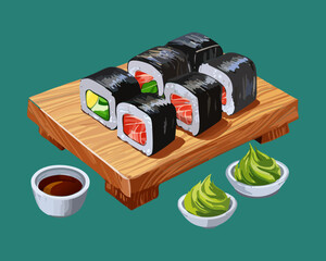 Assorted sushi maki rolls on wooden platter with soy sauce and wasabi for japanese restaurant dining experience Vector Illustration © powdesign