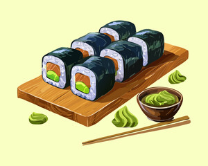 Set of black seaweed sushi maki rolls on wooden tray with wasabi and soy sauce for catering Vector Illustration © powdesign