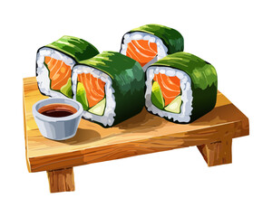 Assorted uramaki and maki sushi rolls on wooden tray with condiments for traditional japanese food service business Vector Illustration © powdesign
