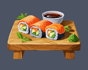 Professional display of sushi maki rolls on wooden board with soy sauce for authentic japanese culinary art Vector Illustration © powdesign