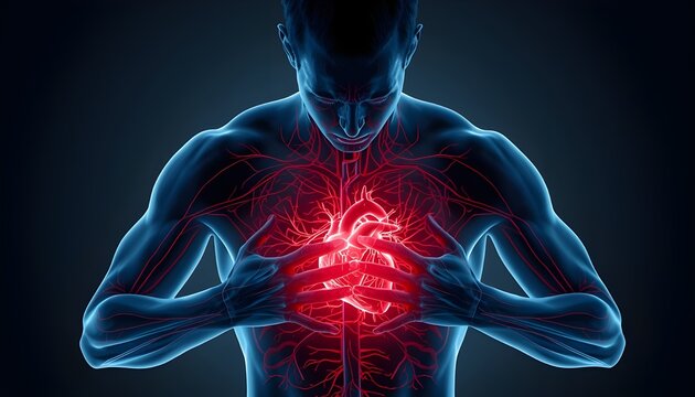 A muscular man clutching his illuminated heart with a glowing red cardiovascular system visible under his skin