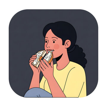 Young woman happily eating a doughnut, depicted in a modern, flat illustration style with a soft, rounded square background.
