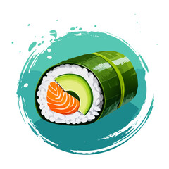 Traditional salmon and cucumber sushi maki roll with rice and seaweed for healthy seafood diet and catering Vector Illustration © powdesign