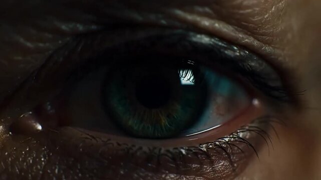 Extreme close-up of a pupil rapidly dilating as light is removed, showing biological response.