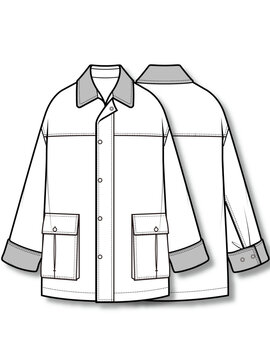 Women Utility Hunting Jacket Flat Sketch, Oversized Button Front Field Jacket Technical Drawing Front Back, Minimal Line Art Vector