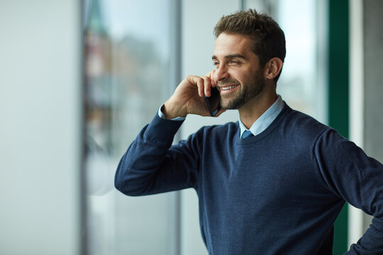 Phone call, smile and businessman in airport for layover notice, flight schedule and contact. Communication, boarding pass and travel update with person and waiting with tech in lobby or terminal