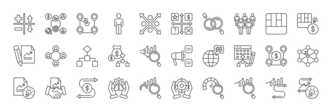 strategic planning icon set in line style, icon set containing SWOT analysis, pestle analysis, customer journey map, BCG matrix, KPI dashboard, perceptual map, lean canvas. vector illustration.