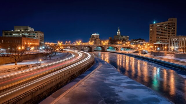 Long exposure light trails over snowy urban highway