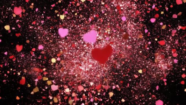 Dynamic heart symbol explosion animation with brilliant red scattered love particles bursting across a dark black background in high definition 4K resolution cinematic motion.
