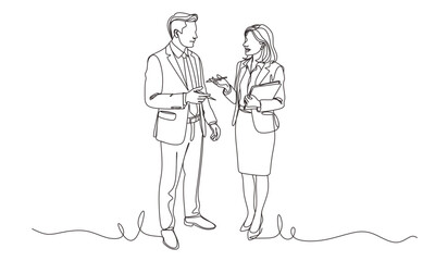 Obraz premium Continuous one line drawing businessman and woman having a discussion. Business activities concept. Single line draw design vector graphic illustration.Hand drawn one line vector. Editable stroke