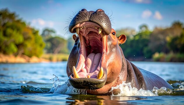 A hippopotamus with its mouth wide open in a body of water
