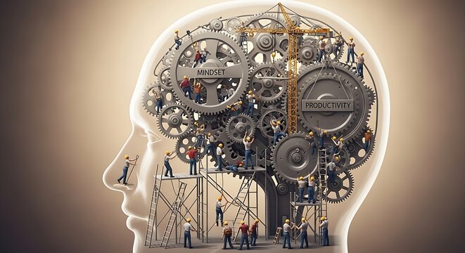 Miniature workers assembling intricate clockwork gears inside a human head silhouette, representing complex thought and creation.