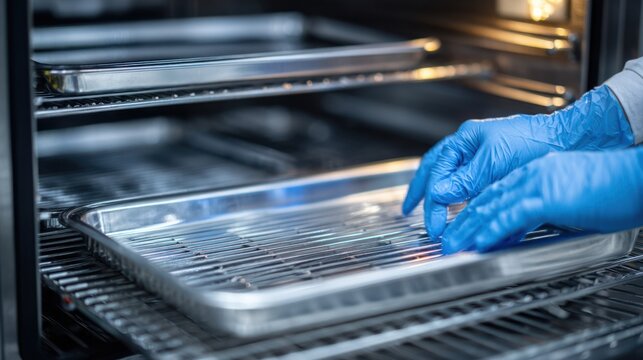 Hands in blue medical gloves preparing disposable metal trays for sterilization or storage
