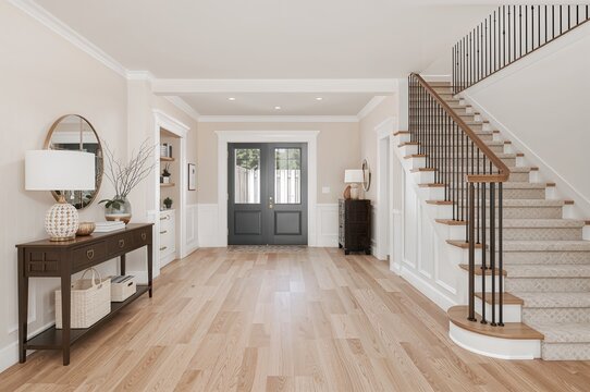 Minimalist home entrance with natural wood stairs soft lighting and neutral tones reflecting contemporary interior design trends