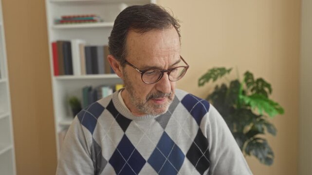 Man reading document at computer, frowning and holding paper while wearing glasses in building; worry bills finance.