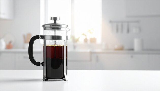 French press coffee maker with glass body, dark brew inside, black handle and lid, placed on white countertop in bright modern kitchen setting.