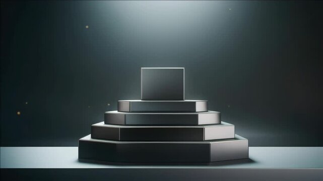 Minimalist podium under single spotlight. Dark background enhances focal clarity. Clean lines suggest modern presentation. Metallic surfaces reflect soft ambient glow