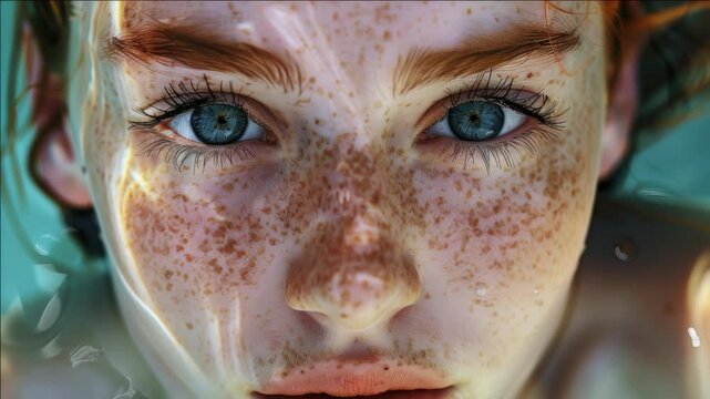 Female face in clear water, freckles, sunlight on skin.