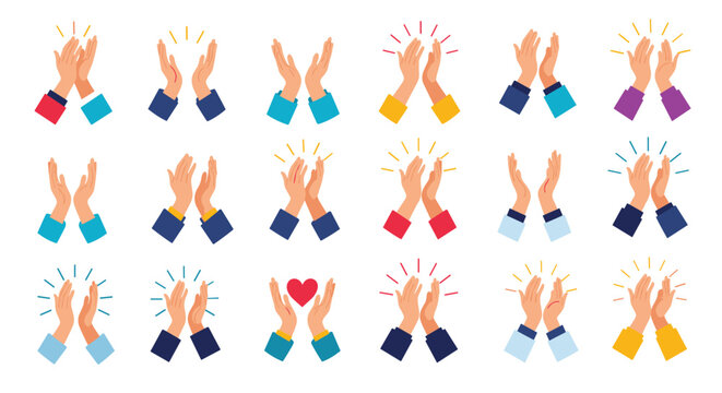 Large collection of diverse hands in various clapping and applauding positions with colorful sleeves and expressive graphic elements.