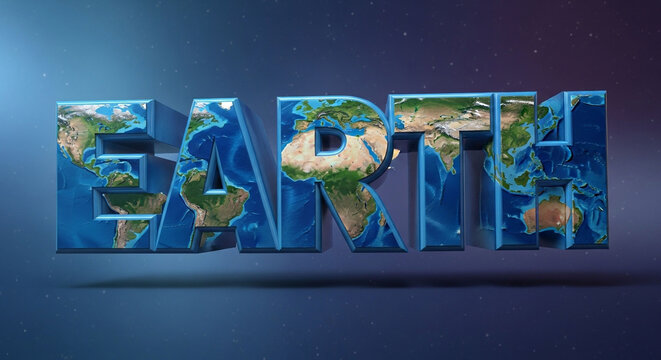 A 3D illustration of the word 'EARTH' made up of a map of the world on a dark blue background