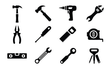 Fototapeta premium Collection of various black tool icons on white background for diy projects and construction