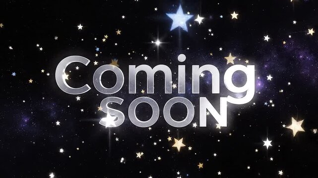 "Coming Soon" 3D transparent glass typography centered against a dark cosmic background featuring a starry galaxy, nebulae, glowing lens flares, and shimmering gold and white stars.