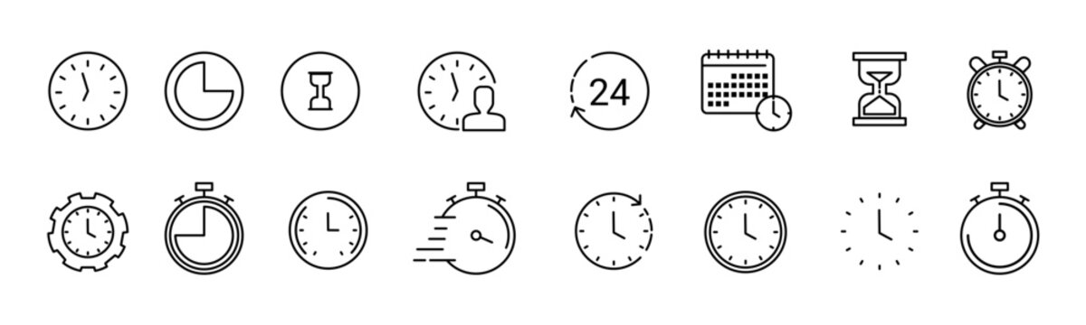 Premium Time and Management Icon Vector Pack. Professional Clock and Productivity Linear Templates for Business Download. Time Clock thin line icons. Time management, 24 hour clock, deadline alarm.