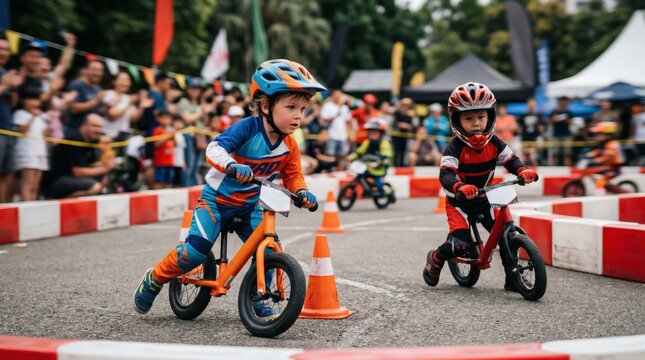 Two young children racing on balance bikes on a marked track.