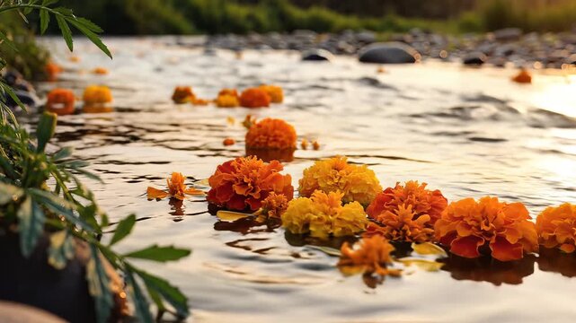 Marigold Flowers Floating on Holy River Water During Ganga Dussehra