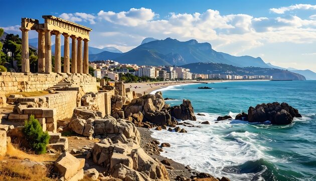 Ancient Roman Ruins Overlooking the Mediterranean Sea in Algeria.