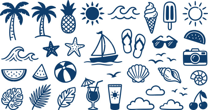 Collection of hand-drawn summer vacation icons and symbols in navy blue