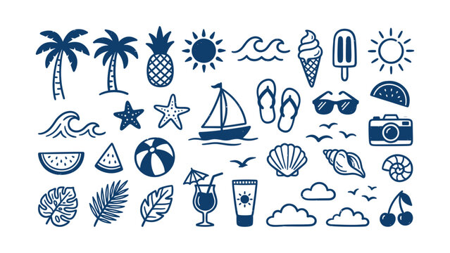 Collection of hand-drawn summer vacation icons and symbols on a white background