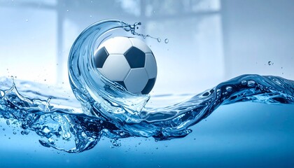 Naklejka premium Dynamic Soccer Ball and Water Splash: Captivating Sports Action with Vibrant Blue Hues and Energetic Movement, Perfect for Brochures, Websites, and Promotional Materials