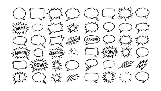 Collection of hand-drawn speech bubbles and comic book sound effects