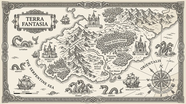 Fantasy map of Terra Fantasia with castles, forests, mountains, and sea monsters