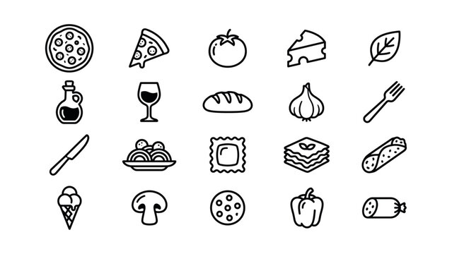 Collection of Italian food and ingredients icons in a clean line art style