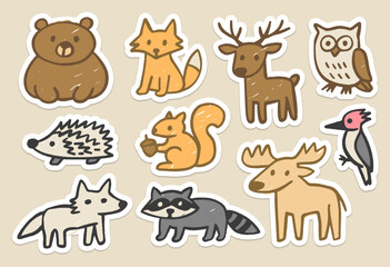 Fototapeta premium Colorful Forest Animal Sticker Set with Cute Bear, Fox, Deer, Owl, and Raccoon in Children's Crayon Drawing Style.