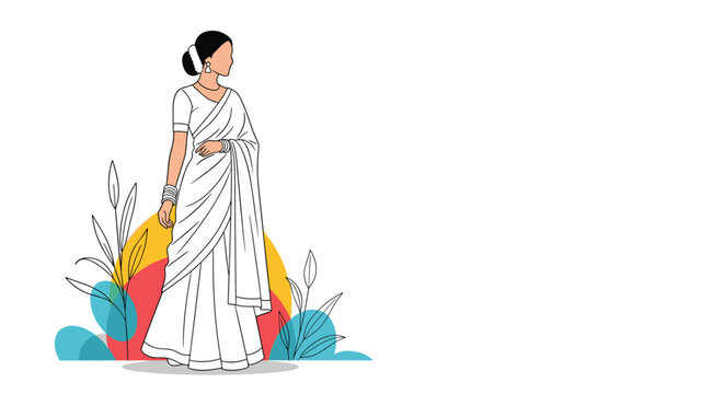 Elegant woman dressed in a traditional white Indian sari with a gold border standing against a colorful floral backdrop.