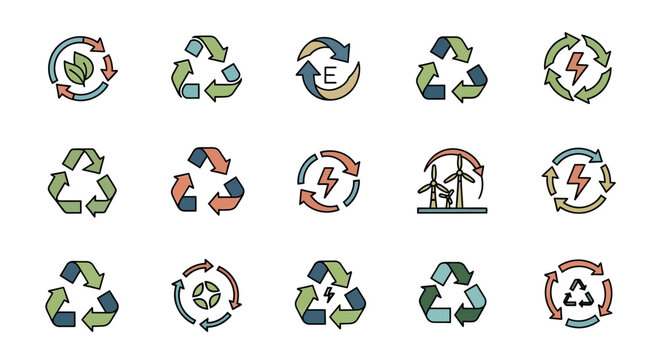 Recycle and Renewable Energy Icons Set: Sustainable Environment and Eco-Friendly Symbols