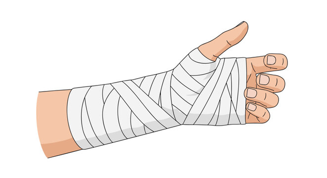 Human hand and forearm tightly wrapped in a white medical gauze bandage to treat an injury or support a fractured bone.