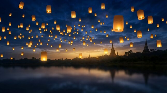 Floating Lanterns Illuminate Night Sky Over Water with Temples.