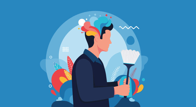 Conceptual illustration of a man cleaning his mind with a duster to reveal colorful creative thoughts and inspirations.