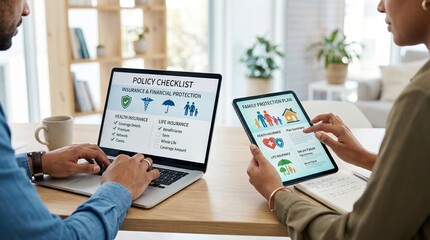 A diverse couple reviews an insurance policy checklist and family protection plans on a laptop and tablet at home to ensure long term financial security and health coverage for their future.
