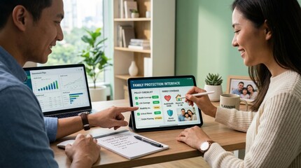 Asian couple discussing family protection insurance policy and financial security planning using tablet and laptop at home office for future investment and health coverage management together.